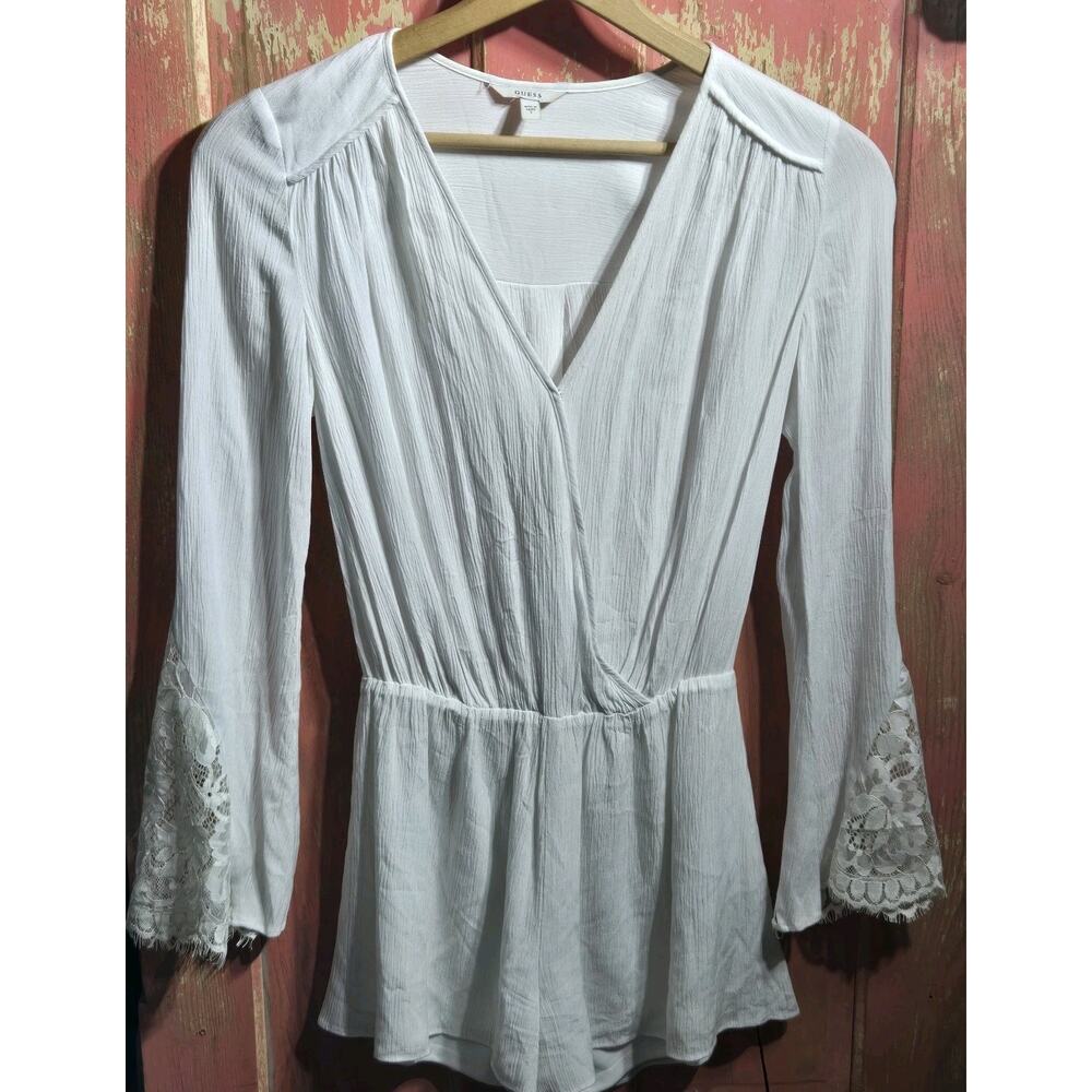 GUESS Romper One Piece Shorts Long Sleeve Lace Cuff V-neck Jumpsuit Womens Small